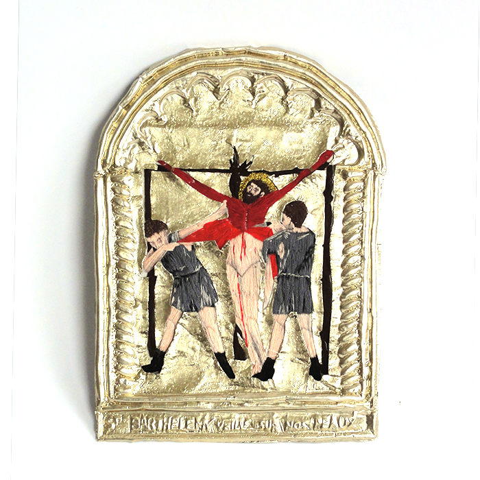 Ex-voto Saint Bathélémy martyr patron taxidermistes fourreurs supplice écorché vif broderie métal repoussé